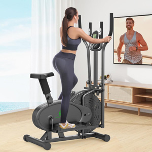 Bicicleta Elíptica, 2 en 1 Bicicleta Elíptica y Bicicleta Estática con Asiento, Monitor LCD, Resistencia Ajustable, Pedal Antideslizante, Máquina Elíptica para Ejercicios Aeróbic en Interiores